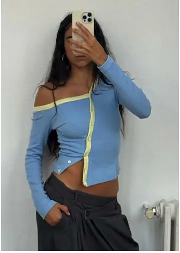 Contrast Button Off-Shoulder Top – Blue - Image 3