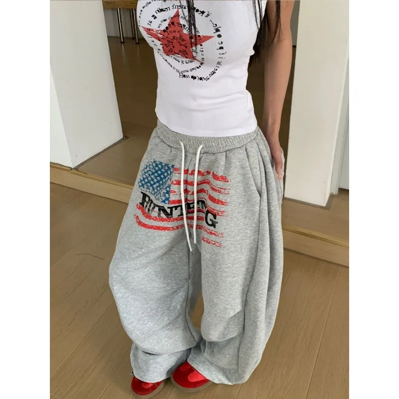 American printed wide leg joggers – Gray Trousers & Joggers - Image 2