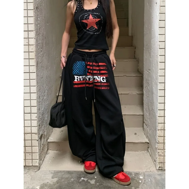 American printed wide leg joggers – Gray Trousers & Joggers - Image 3