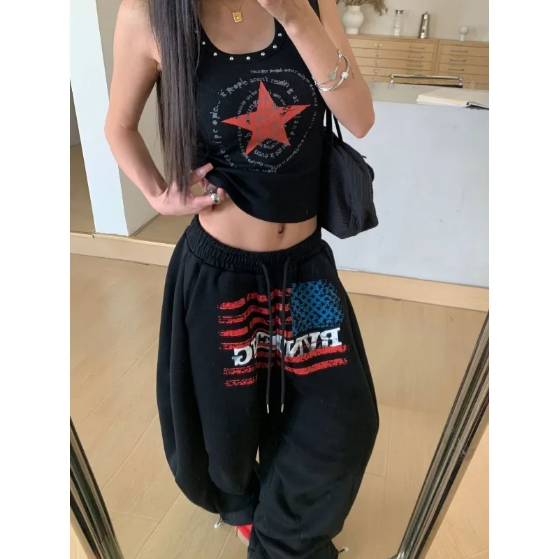 American printed wide leg joggers – Gray Trousers & Joggers - Image 4