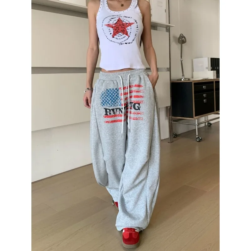 American printed wide leg joggers – Gray Trousers & Joggers - Image 5