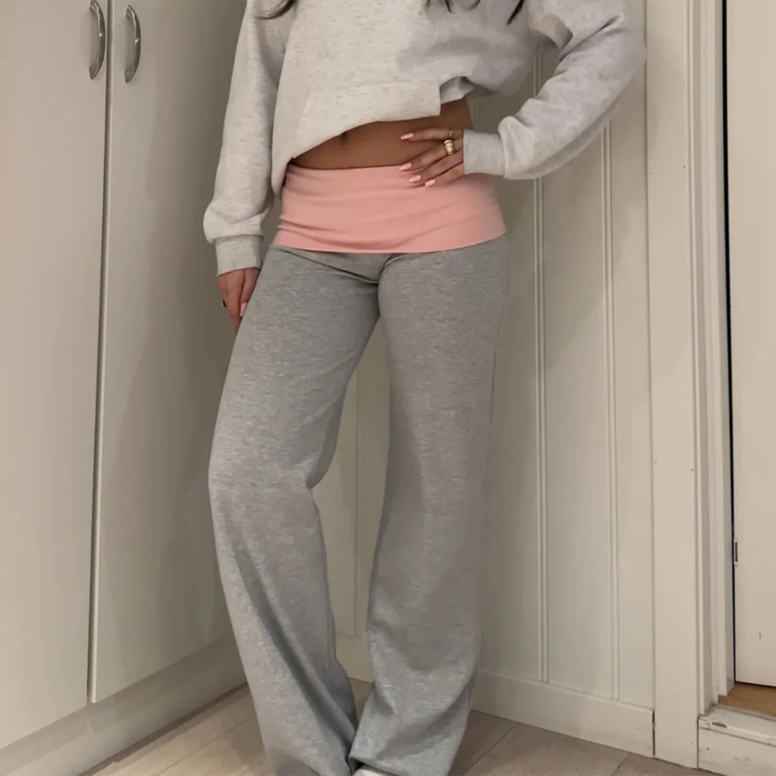 Low Waisted Fold Over Sweatpants – Gray Trousers & Joggers - Image 3