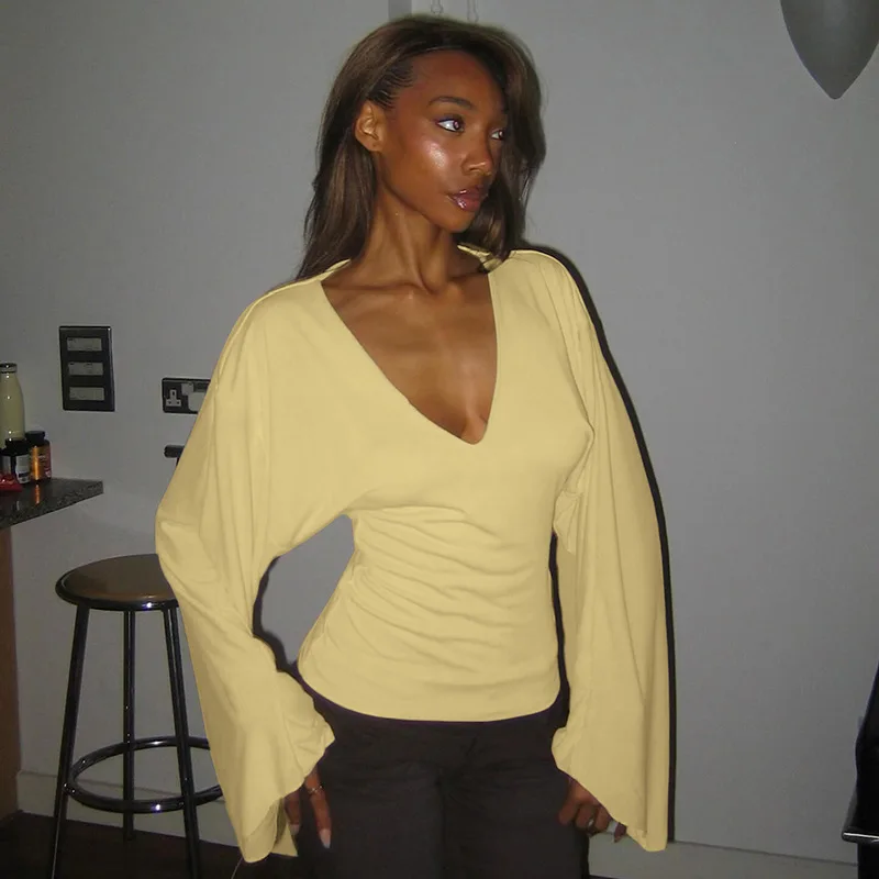 V-neck Flare Long Sleeve T-shirts – Yellow