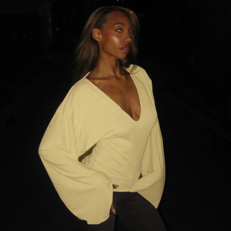 V-neck Flare Long Sleeve T-shirts – Yellow - Image 2
