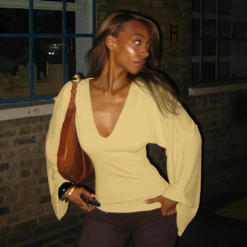 V-neck Flare Long Sleeve T-shirts – Yellow - Image 3
