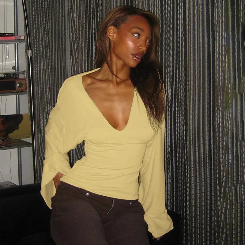 V-neck Flare Long Sleeve T-shirts – Yellow - Image 4