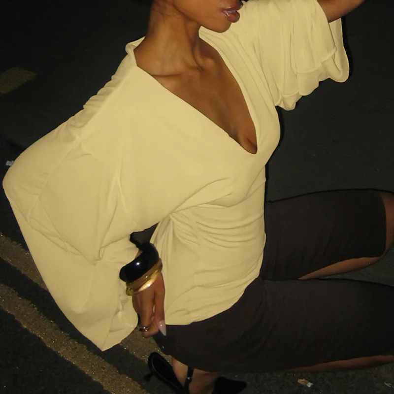 V-neck Flare Long Sleeve T-shirts – Yellow - Image 5